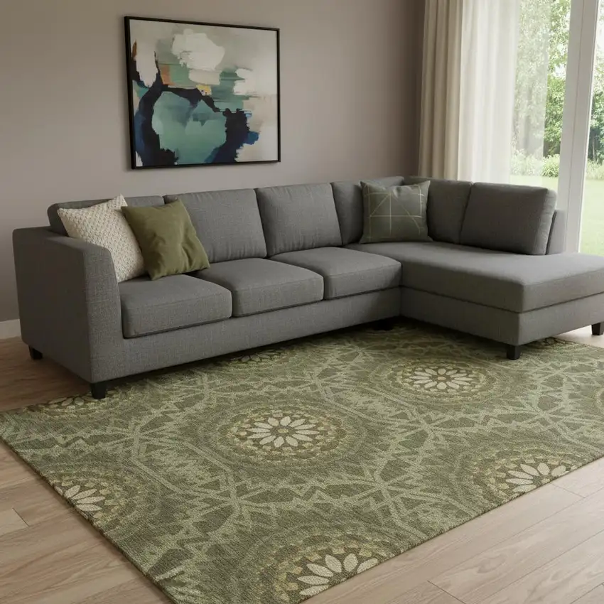 Olive Green And Gold Geometric Washable Area Rug With UV Protection Photo 1