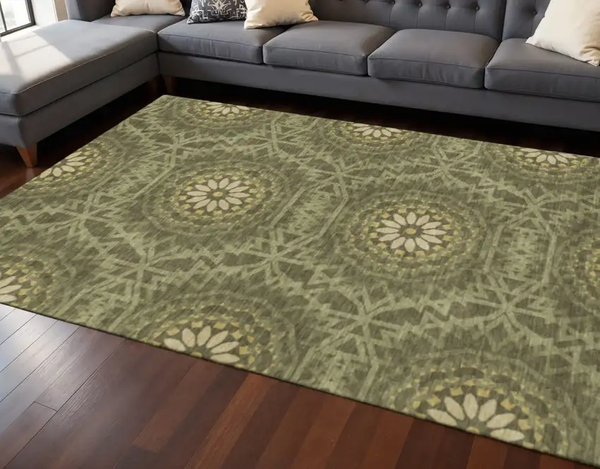Olive Green And Gold Geometric Washable Area Rug With UV Protection Photo 2