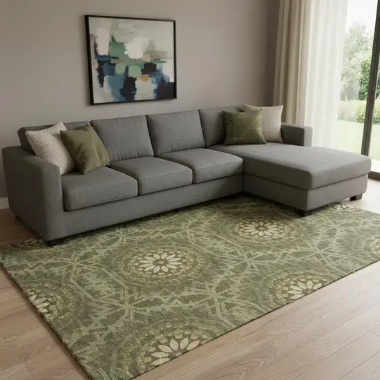 Olive Green And Gold Geometric Washable Area Rug With UV Protection Photo 1