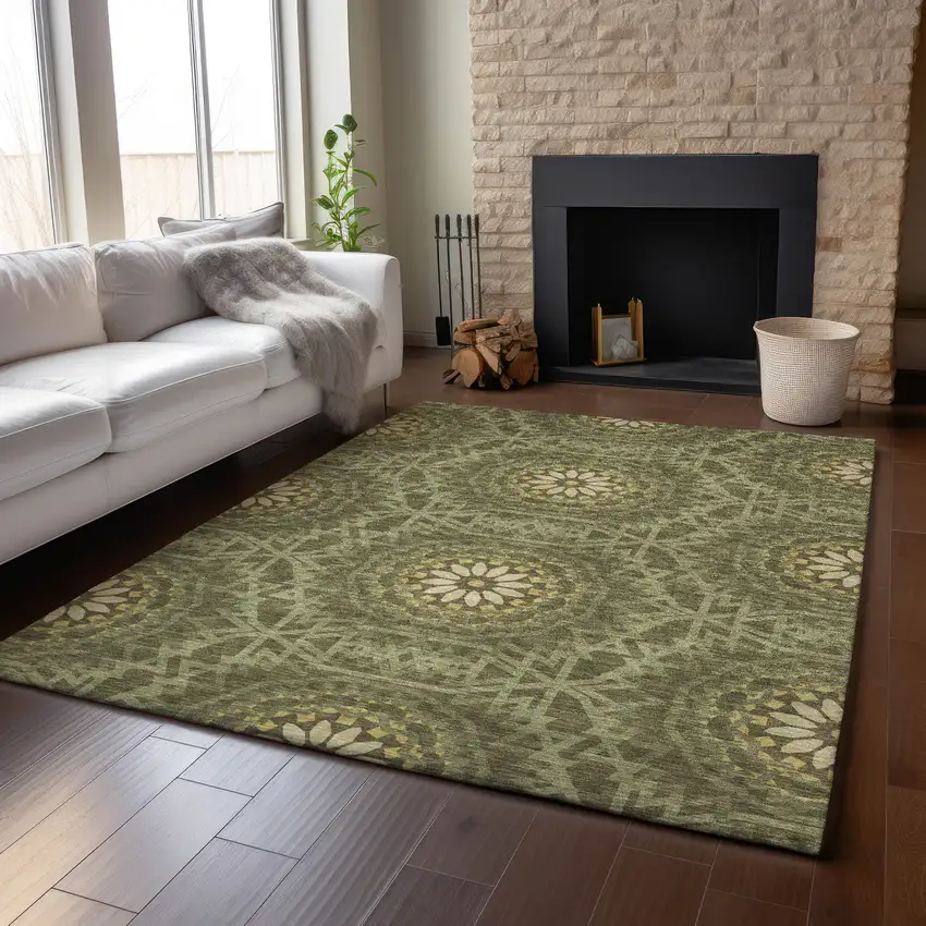 Olive Green And Gold Geometric Washable Area Rug With UV Protection Photo 5