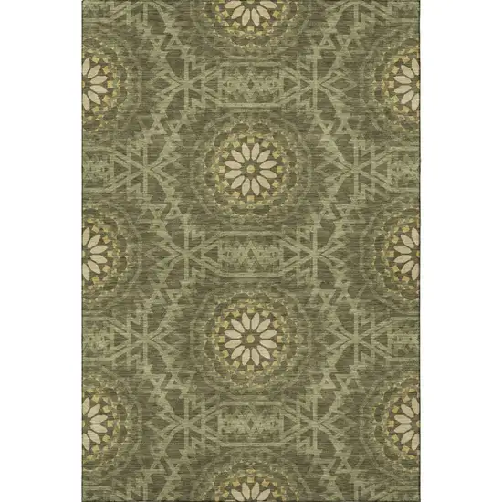 Olive Green And Gold Geometric Washable Area Rug With UV Protection Photo 3
