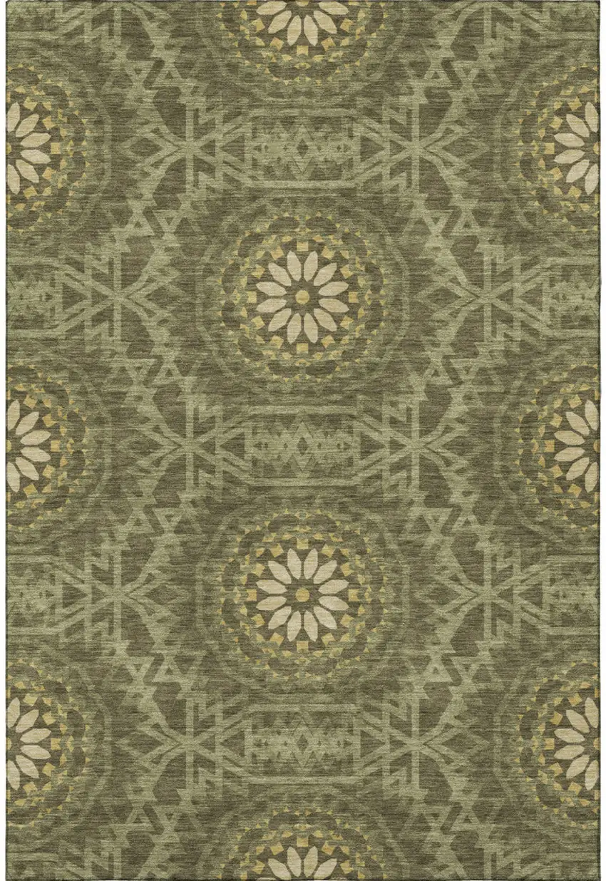 Olive Green And Gold Geometric Washable Area Rug With UV Protection Photo 3