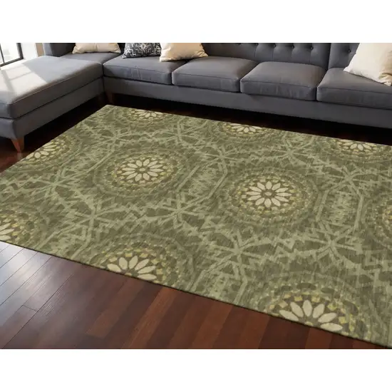 Olive Green And Gold Geometric Washable Area Rug With UV Protection Photo 2