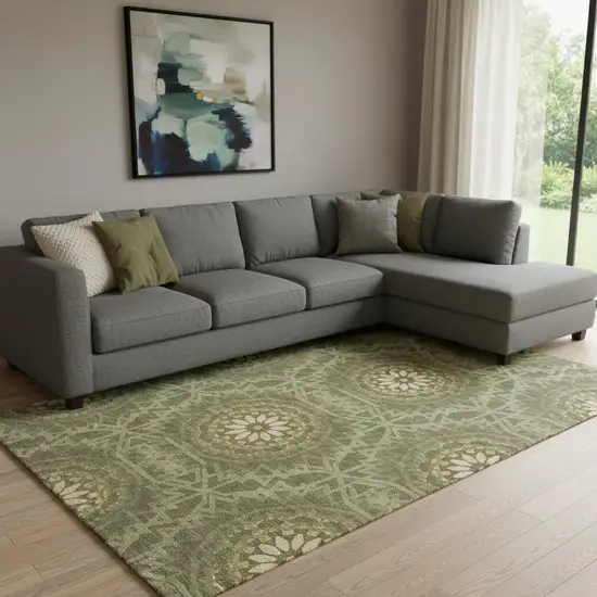 Olive Green And Gold Geometric Washable Area Rug With UV Protection Photo 1