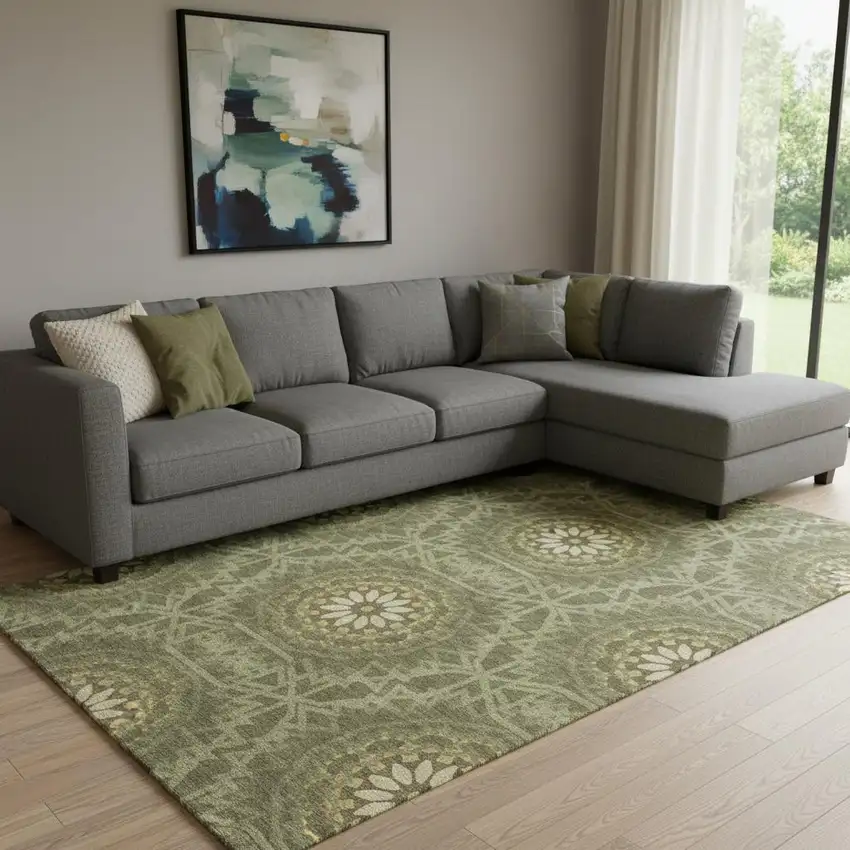 Olive Green And Gold Geometric Washable Area Rug With UV Protection Photo 1