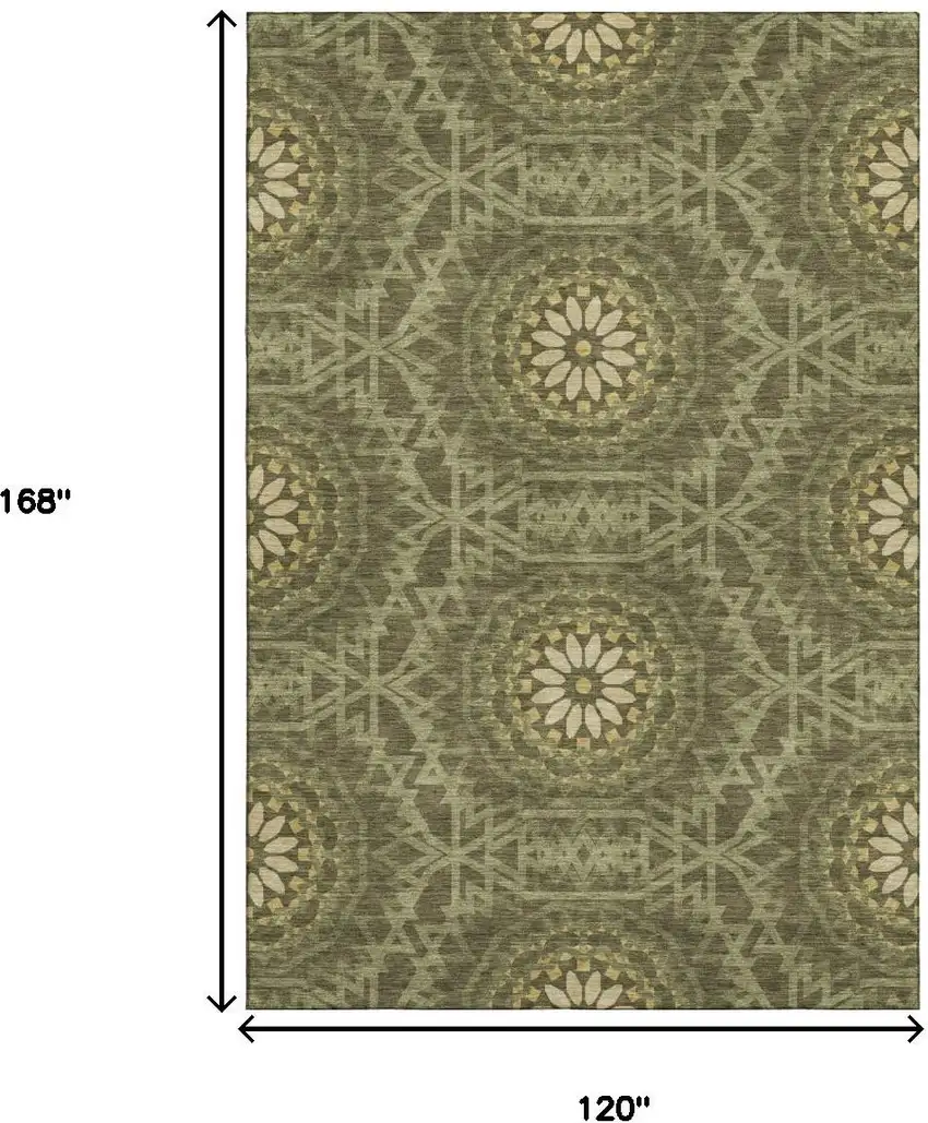 Olive Green And Gold Geometric Washable Area Rug With UV Protection Photo 3