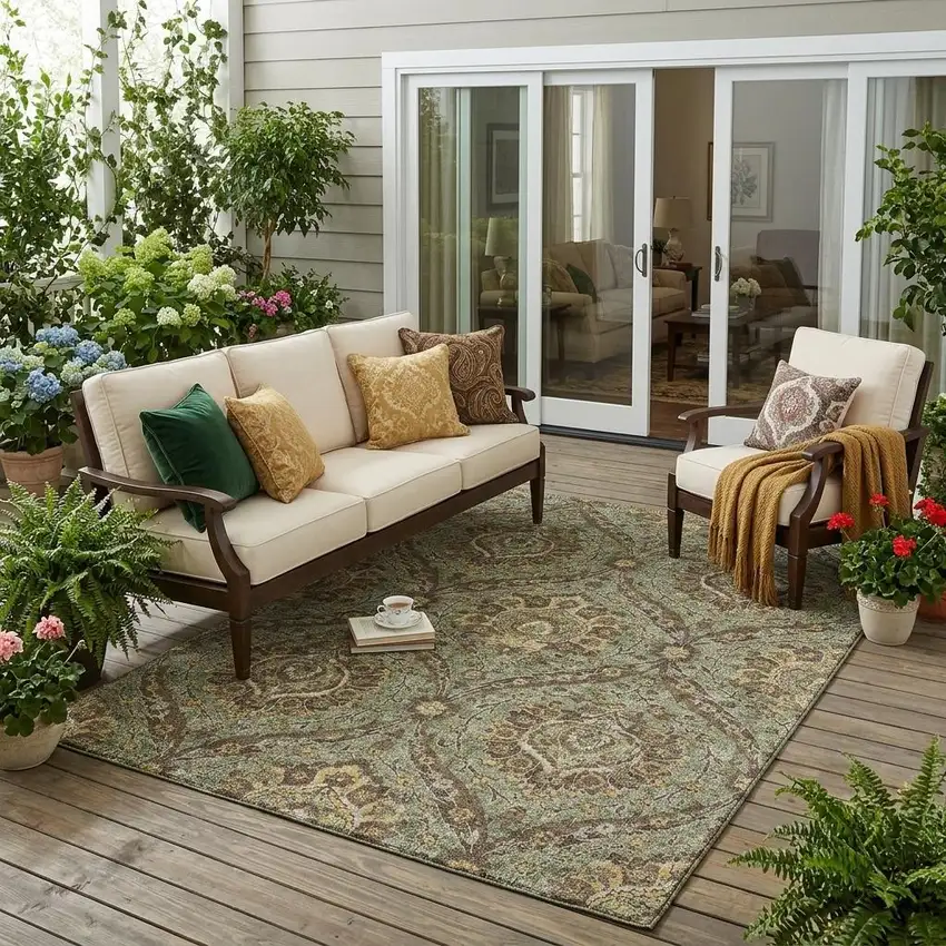 Olive Green And Granite Gray Floral Washable Indoor Outdoor Area Rug Photo 1