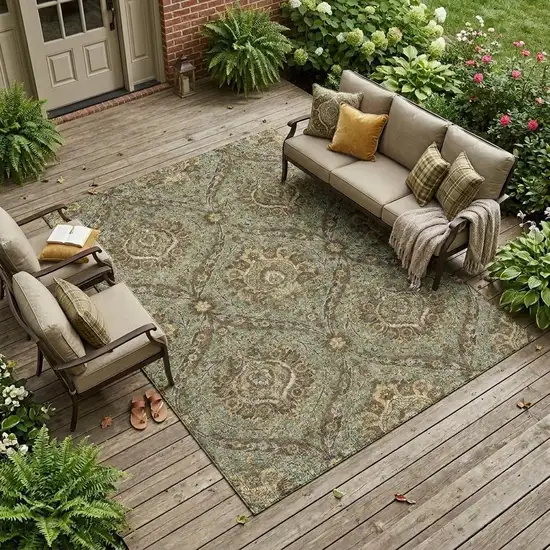 Olive Green And Granite Gray Floral Washable Indoor Outdoor Area Rug Photo 1