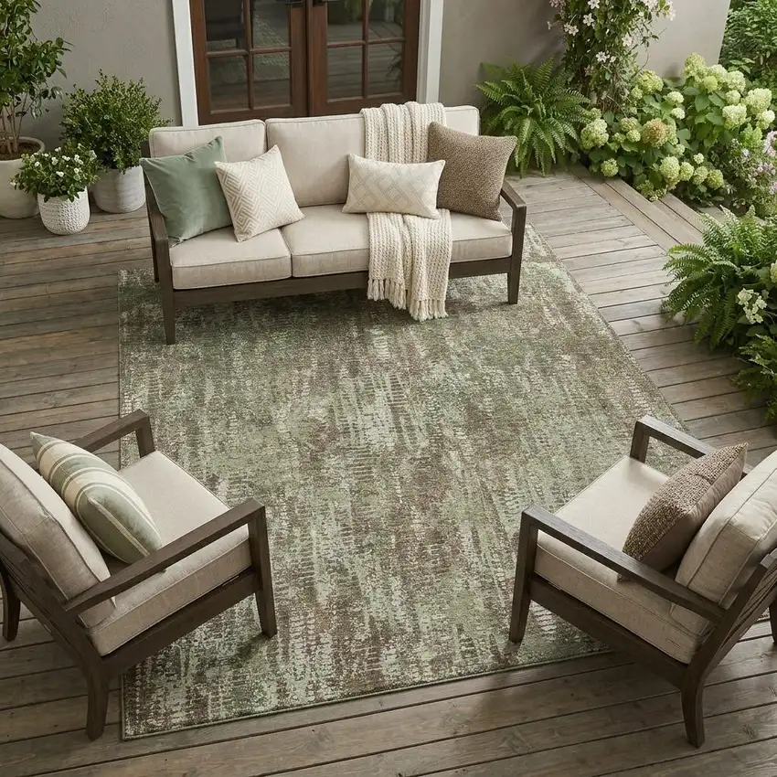 Olive Green And Graphite Abstract Washable Indoor Outdoor Area Rug Photo 1