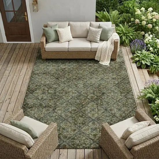 Olive Green And Graphite Geometric Washable Indoor Outdoor Area Rug Photo 1