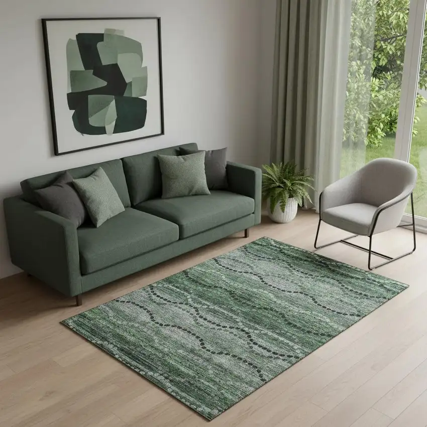 Olive Green And Gray Abstract Geometric Washable Area Rug With UV Protection Photo 2