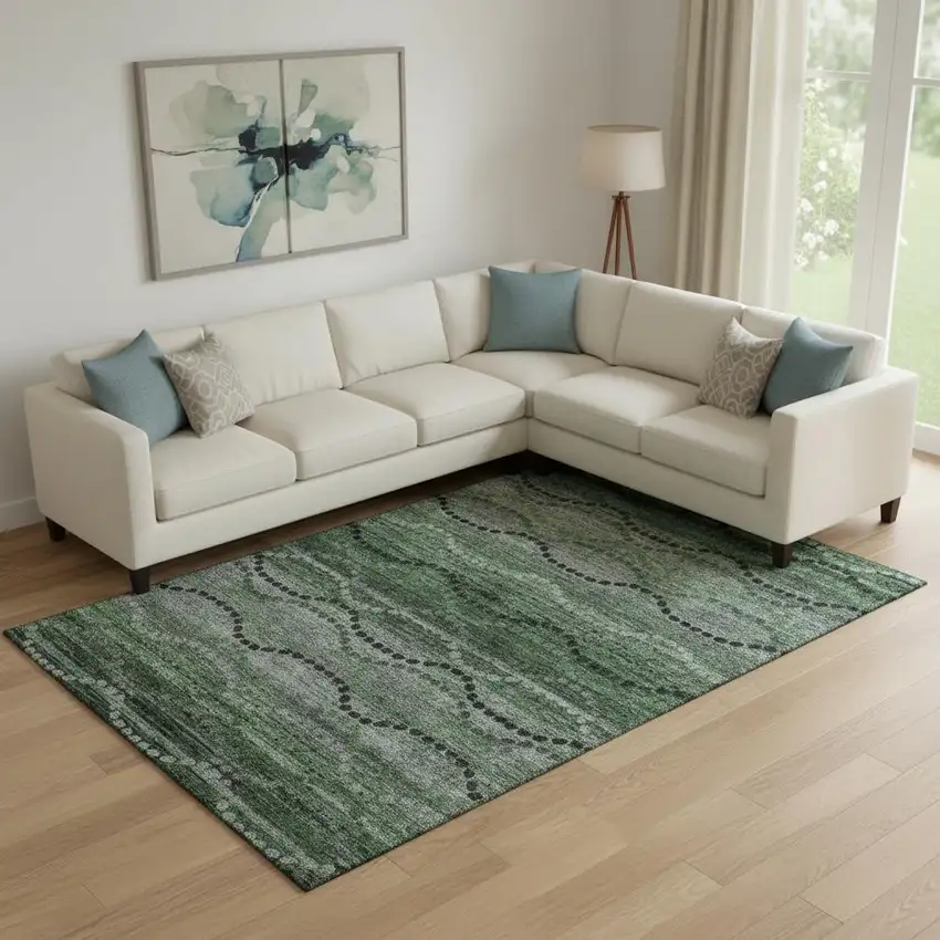 Olive Green And Gray Abstract Geometric Washable Area Rug With UV Protection Photo 2