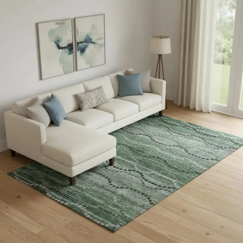 Olive Green And Gray Abstract Geometric Washable Area Rug With UV Protection Photo 2