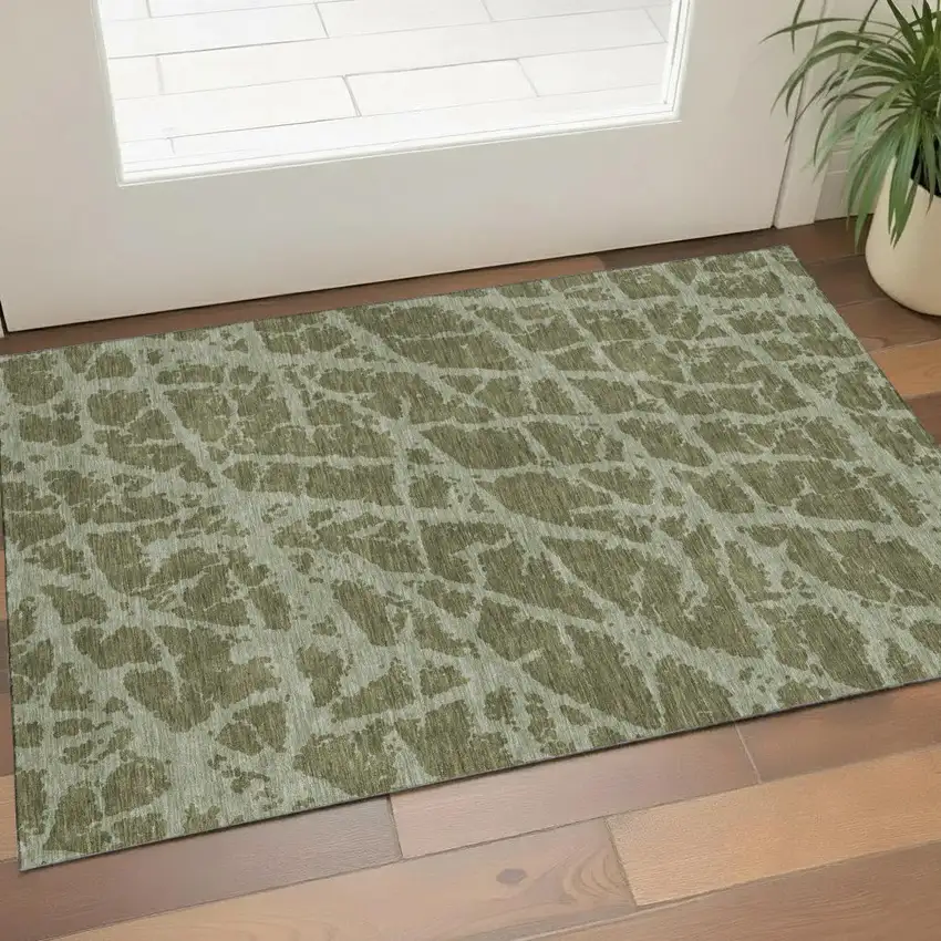 Olive Green And Gray Abstract Washable Area Rug With UV Protection Photo 1