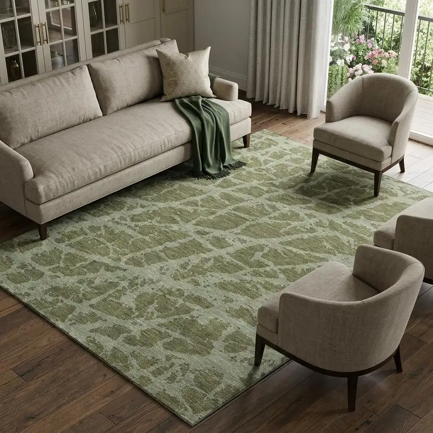 Olive Green And Gray Abstract Washable Area Rug With UV Protection Photo 1