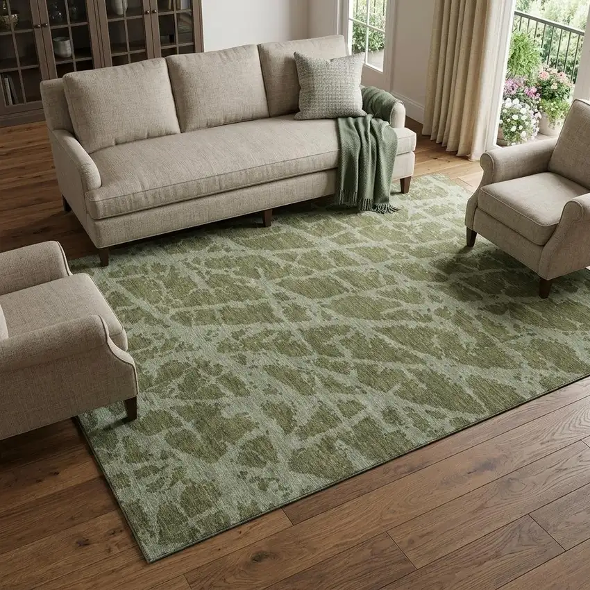 Olive Green And Gray Abstract Washable Area Rug With UV Protection Photo 1