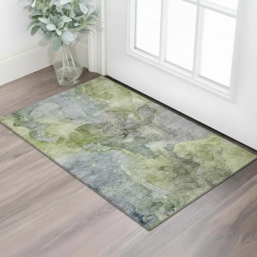 Olive Green And Gray Abstract Washable Area Rug With UV Protection Photo 1