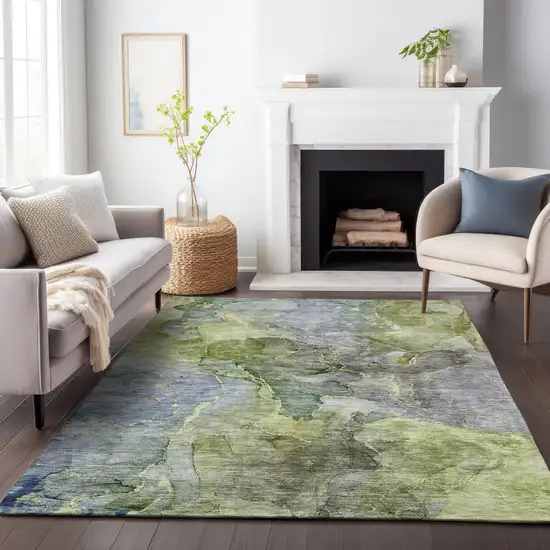 Olive Green And Gray Abstract Washable Area Rug With UV Protection Photo 3