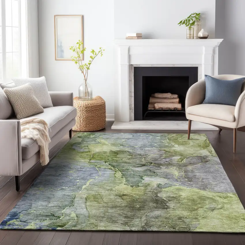 Olive Green And Gray Abstract Washable Area Rug With UV Protection Photo 3
