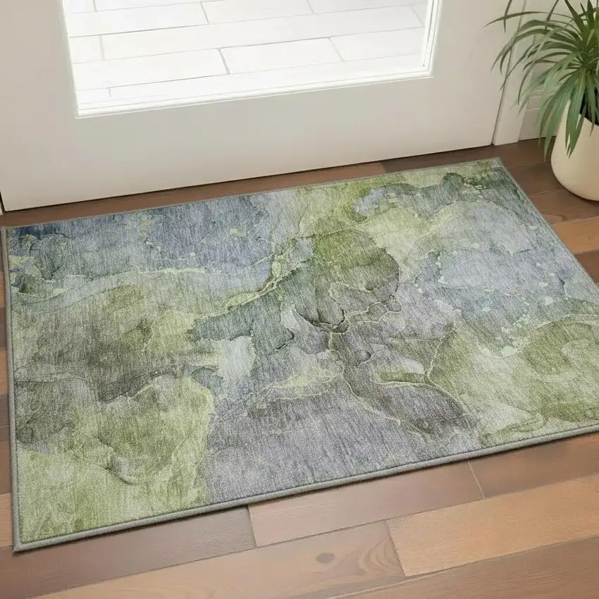 Olive Green And Gray Abstract Washable Area Rug With UV Protection Photo 2