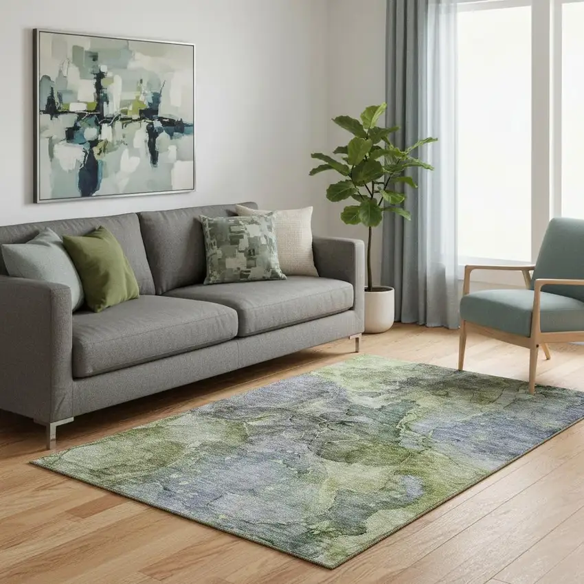 Olive Green And Gray Abstract Washable Area Rug With UV Protection Photo 1