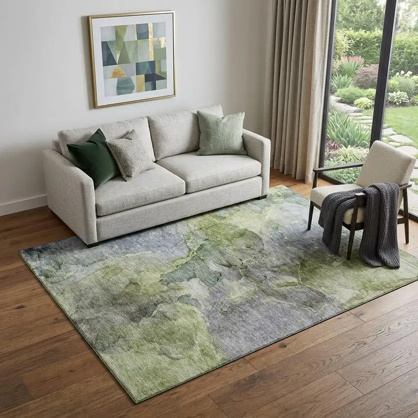 Olive Green And Gray Abstract Washable Area Rug With UV Protection Photo 1