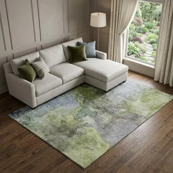 Olive Green And Gray Abstract Washable Area Rug With UV Protection Photo 1