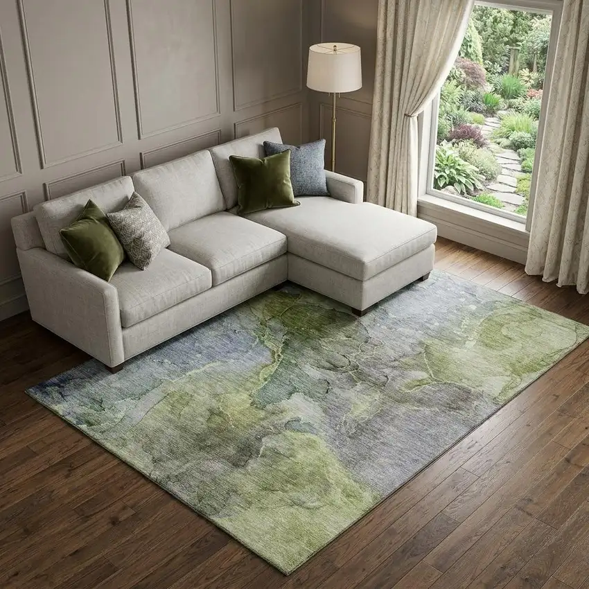 Olive Green And Gray Abstract Washable Area Rug With UV Protection Photo 1