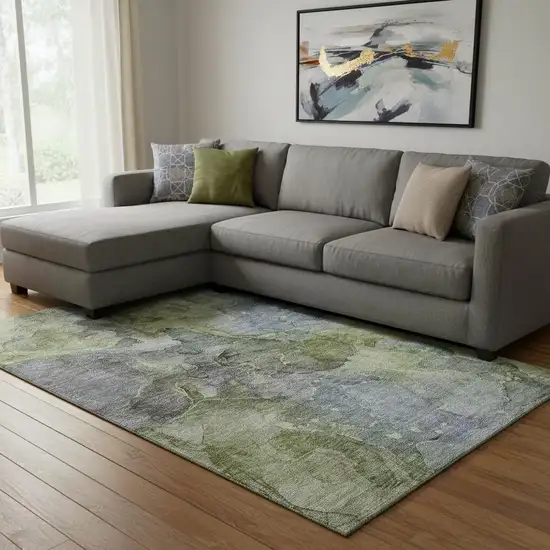 Olive Green And Gray Abstract Washable Area Rug With UV Protection Photo 1