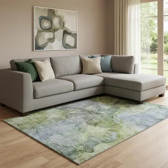 Olive Green And Gray Abstract Washable Area Rug With UV Protection Photo 1