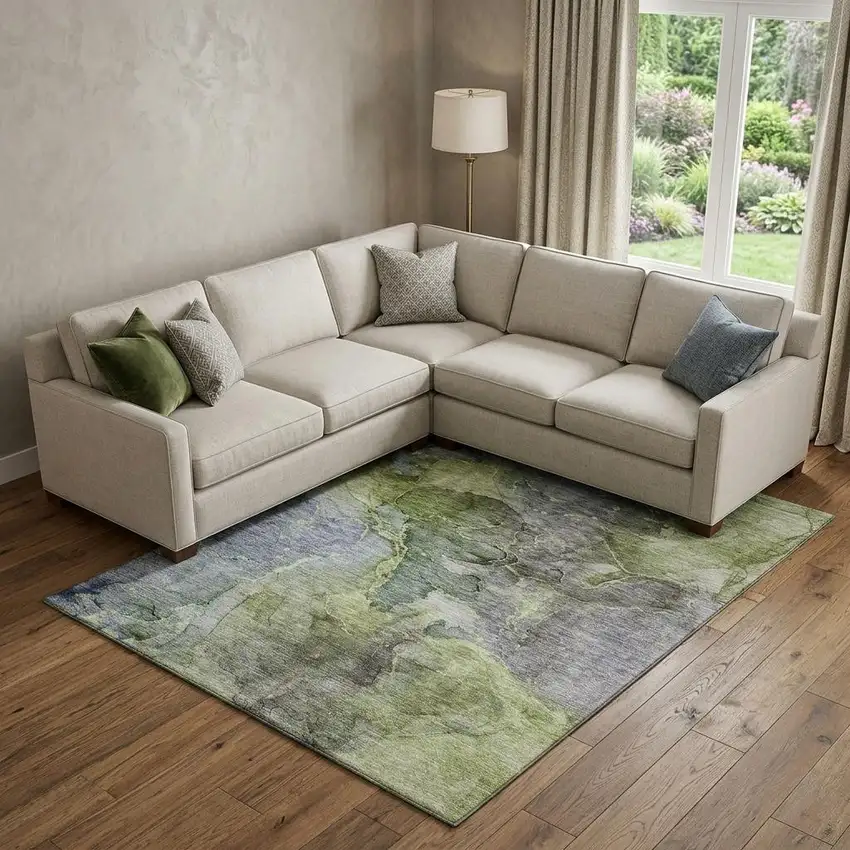 Olive Green And Gray Abstract Washable Area Rug With UV Protection Photo 1