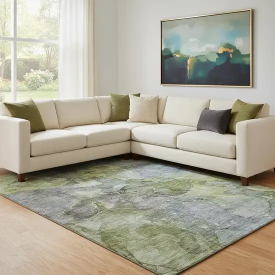Olive Green And Gray Abstract Washable Area Rug With UV Protection Photo 1