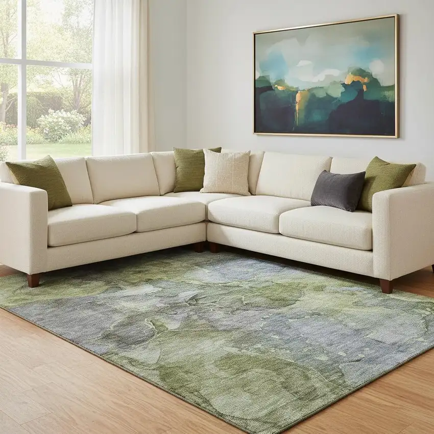 Olive Green And Gray Abstract Washable Area Rug With UV Protection Photo 1