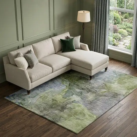 Olive Green And Gray Abstract Washable Area Rug With UV Protection Photo 1