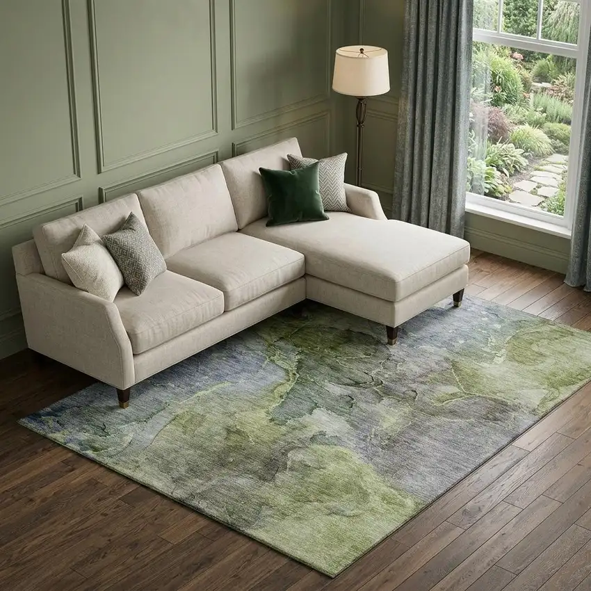 Olive Green And Gray Abstract Washable Area Rug With UV Protection Photo 1