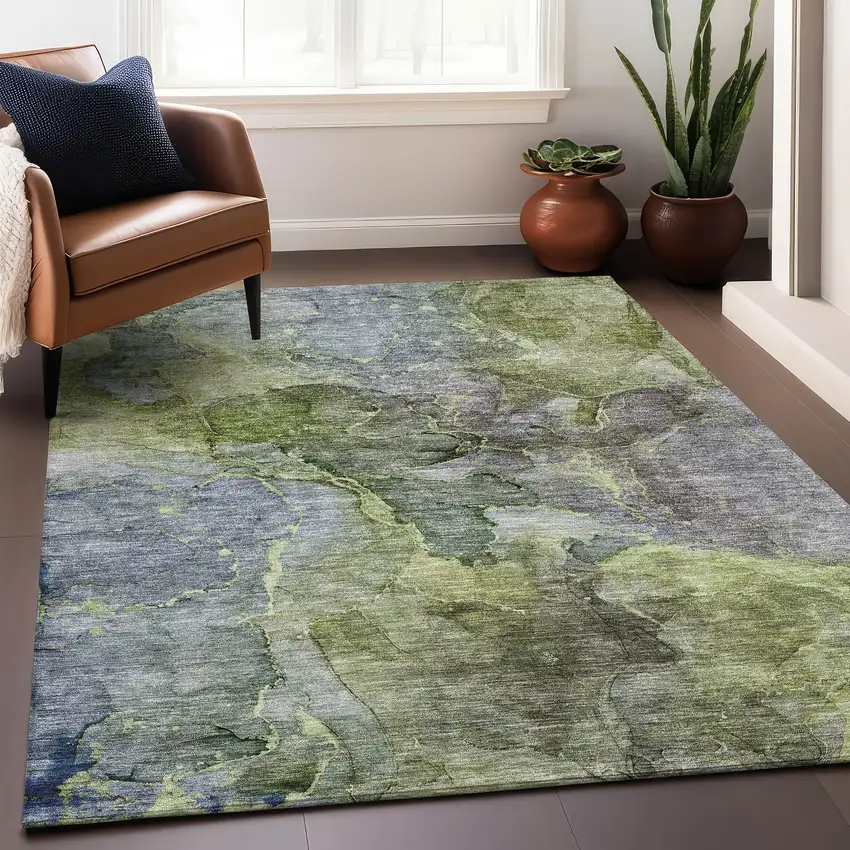 Olive Green And Gray Abstract Washable Area Rug With UV Protection Photo 4