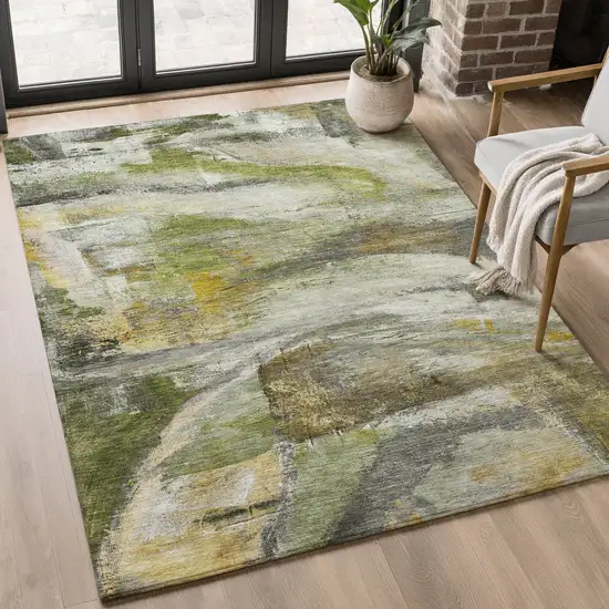 Olive Green And Gray Abstract Washable Area Rug With UV Protection Photo 5