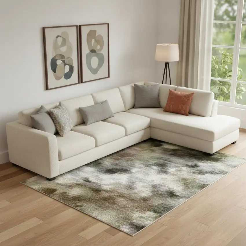 Olive Green And Gray Abstract Washable Area Rug With UV Protection Photo 2
