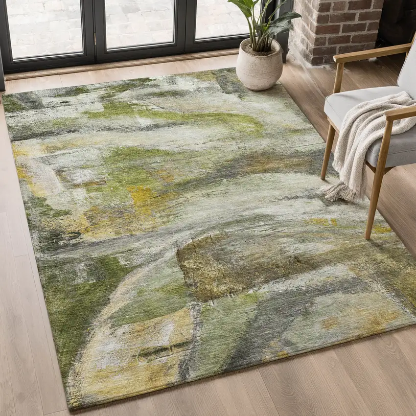 Olive Green And Gray Abstract Washable Area Rug With UV Protection Photo 5