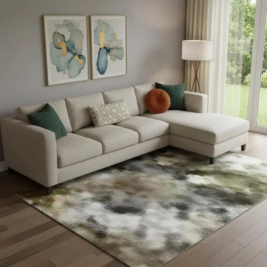 Olive Green And Gray Abstract Washable Area Rug With UV Protection Photo 2