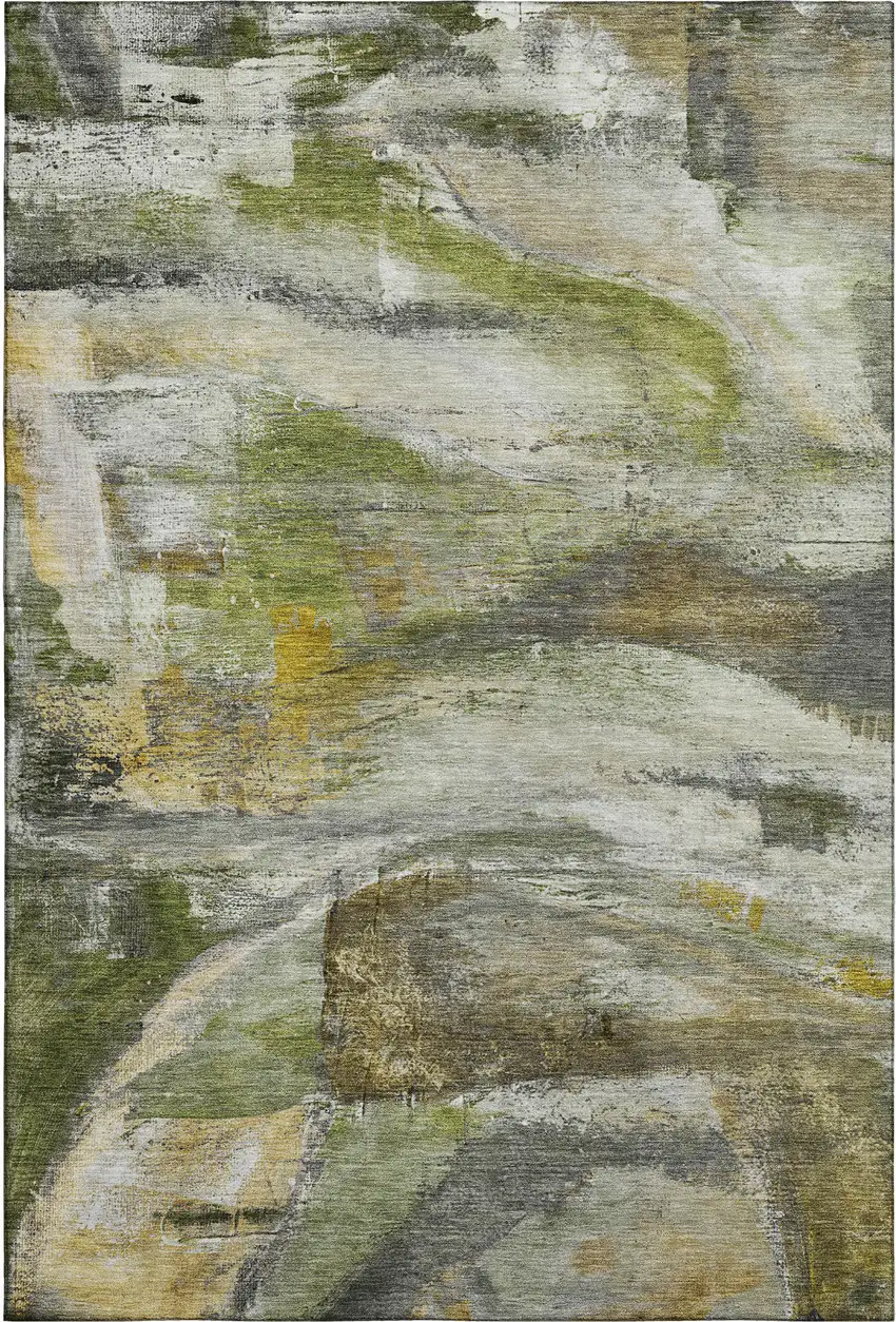 Olive Green And Gray Abstract Washable Area Rug With UV Protection Photo 7