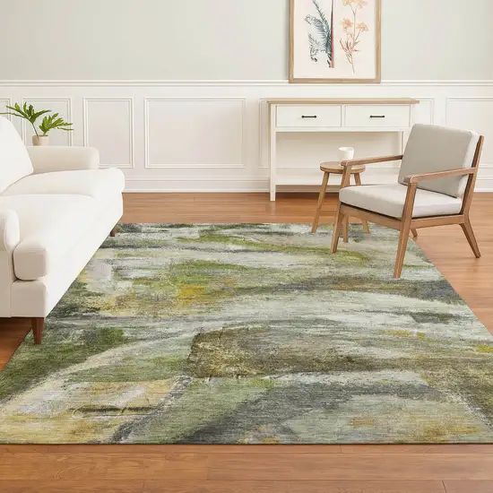 Olive Green And Gray Abstract Washable Area Rug With UV Protection Photo 6