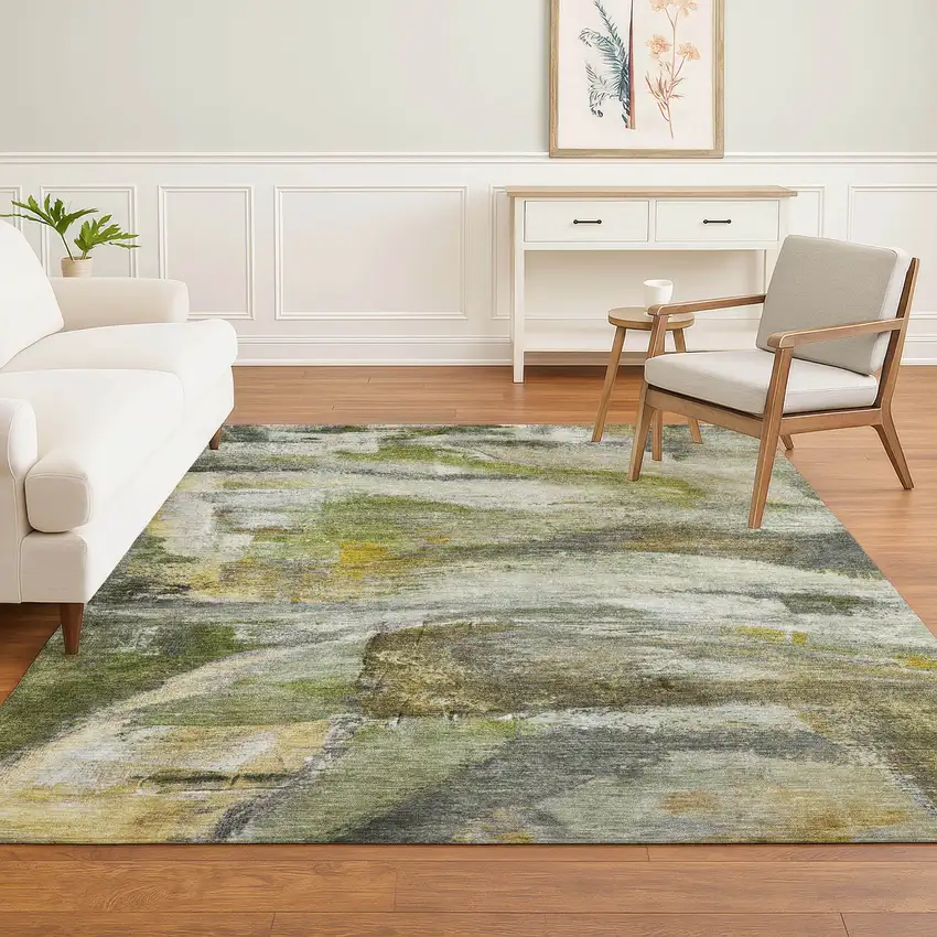 Olive Green And Gray Abstract Washable Area Rug With UV Protection Photo 6