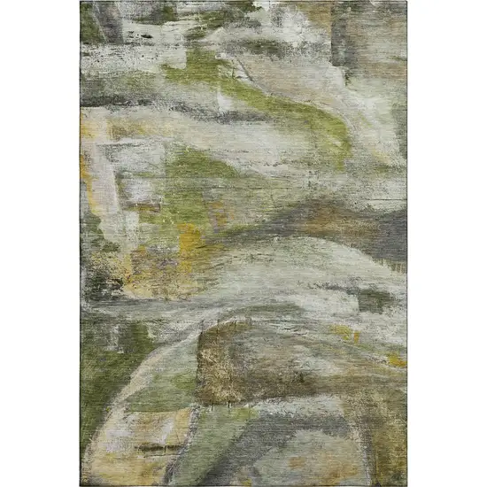 Olive Green And Gray Abstract Washable Area Rug With UV Protection Photo 7