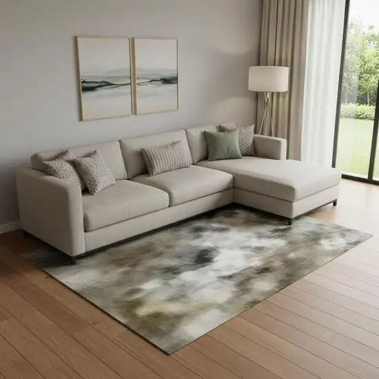 Olive Green And Gray Abstract Washable Area Rug With UV Protection Photo 2