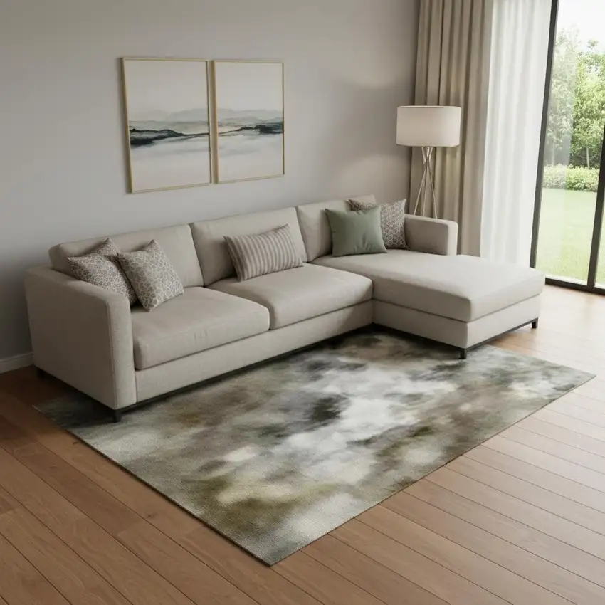 Olive Green And Gray Abstract Washable Area Rug With UV Protection Photo 2