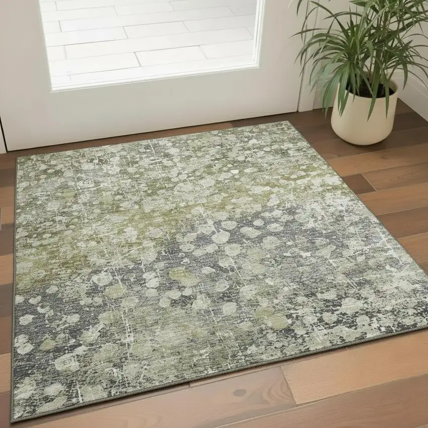 Olive Green And Gray Abstract Washable Area Rug With UV Protection Photo 2