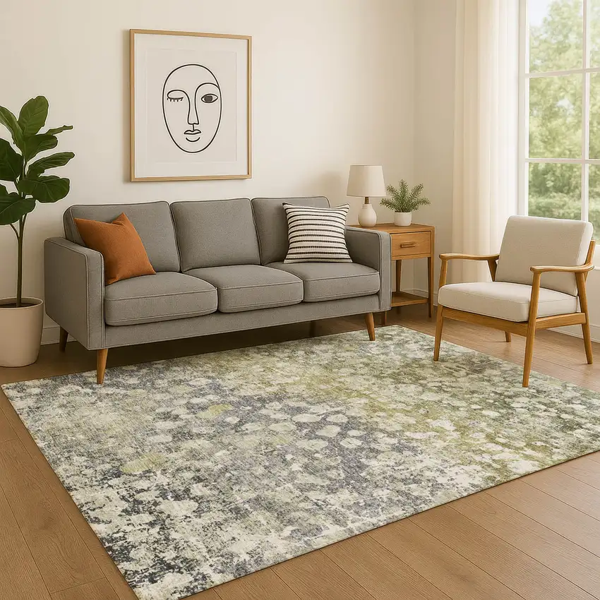 Olive Green And Gray Abstract Washable Area Rug With UV Protection Photo 5
