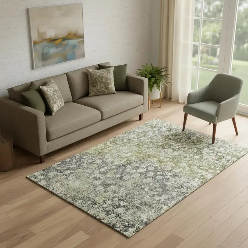 Olive Green And Gray Abstract Washable Area Rug With UV Protection Photo 2