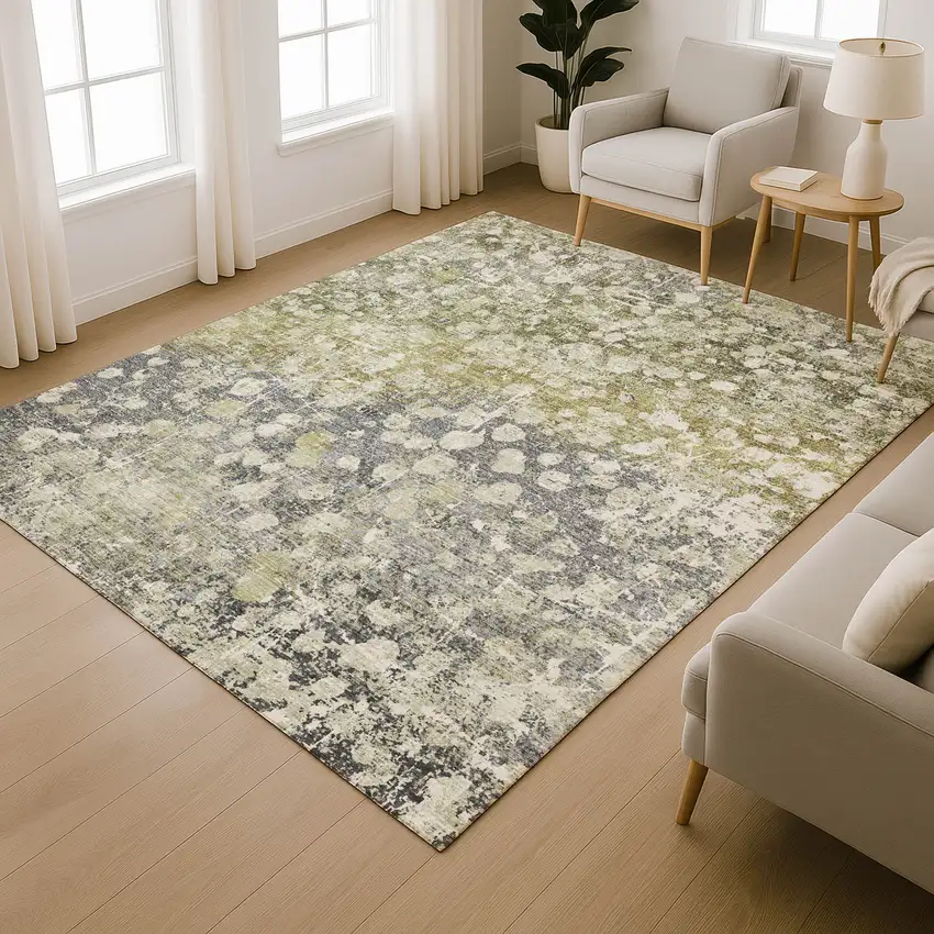 Olive Green And Gray Abstract Washable Area Rug With UV Protection Photo 6